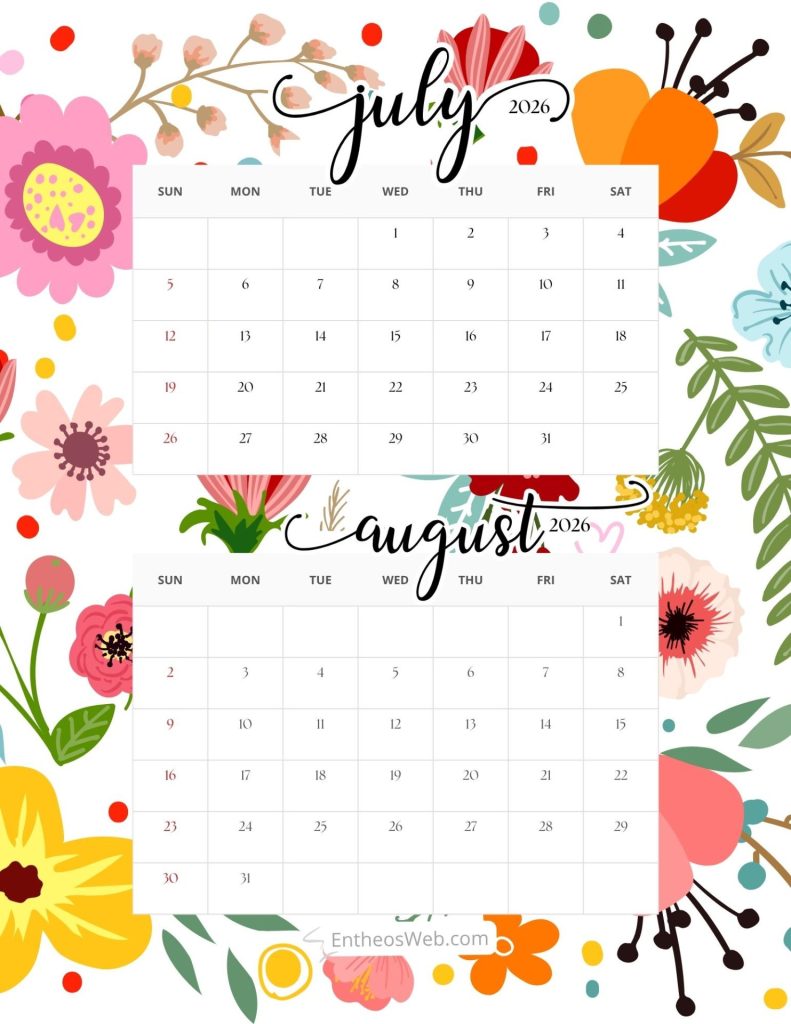 Calendar pages for july and august 2026 over a bright decorative floral background 2 month   july august 2026 calendar floral 8 5 x 11 in